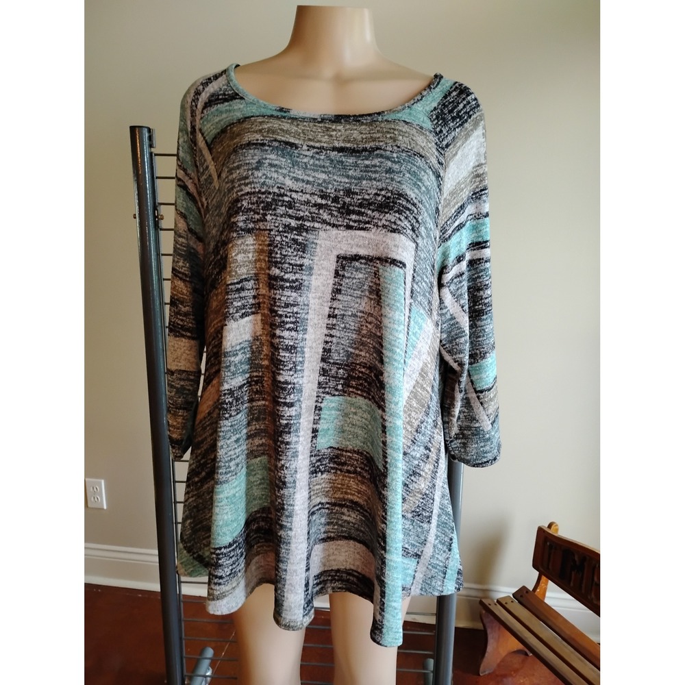 Cha Cha Vente Womens 1X Tunic Top Teal Grey Abstract Geometric 3/4 Sleeve A1330X